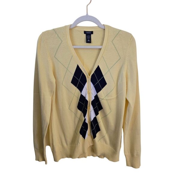 Izod Sweaters - Izod Vintage Butter Yellow Argyle V Neck Academia Preppy Cardigan Sweater Size L